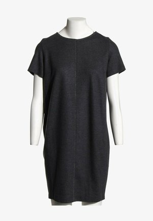 Robe gris foncé à manches courtes avec encolure ronde et couture centrale, présentée sur un torse de mannequin blanc sur fond blanc.