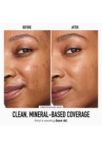 Kaksi vierekkäistä ihokuvakuvaa. Vasemmalla näkyy epäpuhtauksia sisältävä iho; oikealla sileä, tasainen pinta luonnollisella hehkulla. Molemmat kuvat keskittyvät kasvoihin.