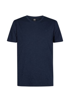Camiseta azul marino de manga corta hecha de tela texturizada con cuello redondo y un pequeño logo en el pecho. Diseño sencillo y casual.