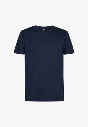 T-shirt a maniche corte blu navy in tessuto strutturato con scollo rotondo e piccolo logo sul petto. Design semplice e casual.