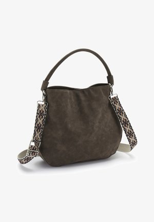 Brown leather handbag with a fabric shoulder strap featuring a navy and beige geometric pattern, and a short matching top handle.