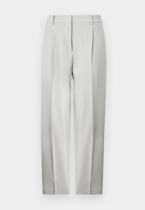 Light gray tailored pants featuring a straight-leg design, front pleats, and a smooth texture. No visible pockets or embellishments.