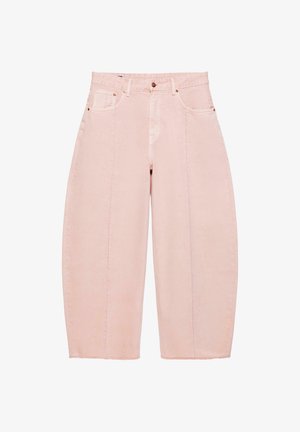High-waisted, wide-leg cropped pants in light pink denim with front seam details and five-pocket styling.