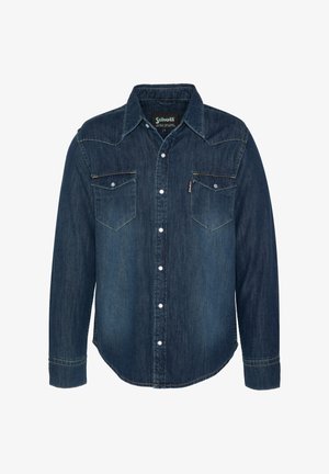 Denimhemd in Dunkelblau mit spitzem Kragen, zwei Brusttaschen und weißem Knopfverschluss. Klassisches Design mit kontrastierenden Nähten.