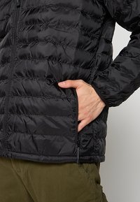 Main dans la poche latérale d'une veste matelassée noire avec fermeture éclair, portée sur un pantalon vert olive.