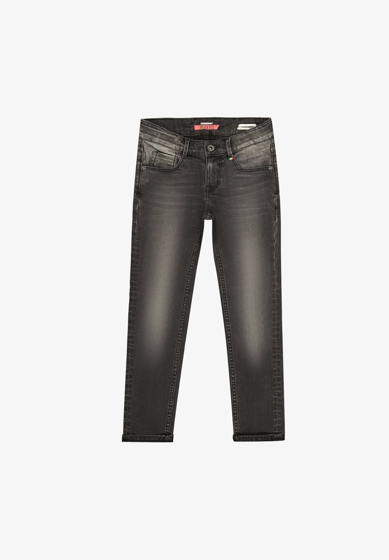 Jean noir avec une finition légèrement délavée, conception à cinq poches et fermeture par bouton. Présente des accents de couture contrastants et une jambe fuselée.