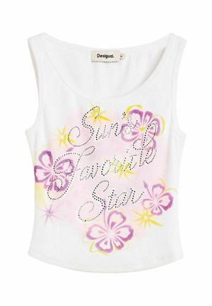 Witte mouwloze crop top met paarse en gele bloemenprint en strass tekst "Sun's Favourite Star" van Desigual.