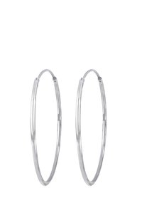 Orecchini a cerchio in argento con un design circolare, caratterizzati da una finitura liscia e lucida e da un profilo sottile. Di dimensioni approssimativamente medie in diametro.