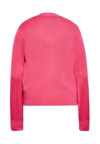 Ribbad rosa tröja, kort design, långa ärmar, mjuk textur, rund halsringning, enkel konstruktion utan utsmyckningar eller mönster.