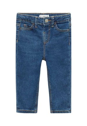Mörkblå denimjeans med slim fit, som har en framknäppning, fem fickor och stickade detaljer längs kanterna.