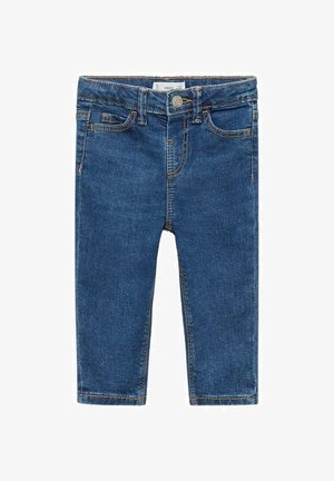 Mörkblå denimjeans med slim fit, som har en framknäppning, fem fickor och stickade detaljer längs kanterna.
