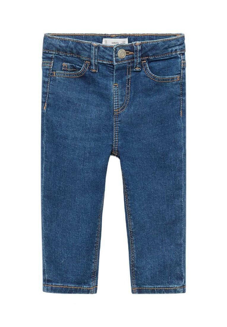 Blugi din denim albastru închis, cu o croială slim, având o închidere frontală cu buton, cinci buzunare și accente de cusătură pe margini.