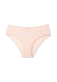 Culotte en coton rose pâle avec une délicate bordure en dentelle, ornée de "Confiance" brodé en blanc, et d'un petit nœud à la taille.