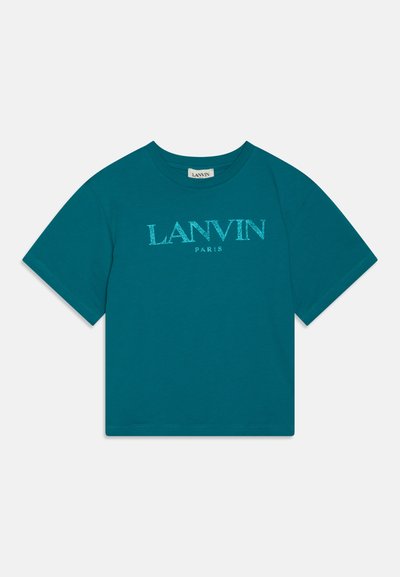 Teal cotton t-shirt featuring a crew neckline, short sleeves, and "LANVIN PARIS" text in contrasting light blue embroidery.