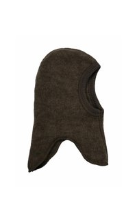Braune Fleece-Balaclava mit abgerundetem Oberteil, Ausschnitt am Hals für ein einfaches Tragegefühl und gerippten Kanten für Flexibilität und Komfort.