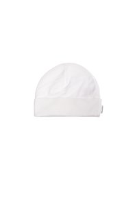 White cotton beanie with a rounded top and a folded cuff. Smooth texture with minimal stitching details and a small brand tag on the side.