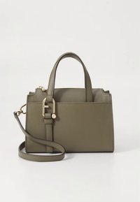 Olivgrön handväska med strukturerad design, dubbla handtag, justerbar axelrem och guldfärgade metalldetaljer. Slät yta.