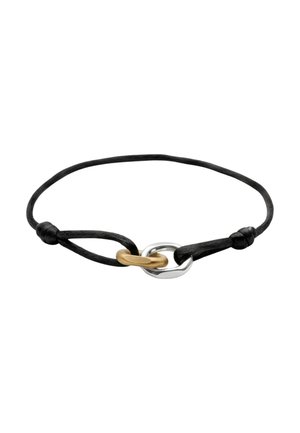 Pulsera de cordón negro con eslabones metálicos entrelazados en plata y oro y nudos ajustables a cada lado.