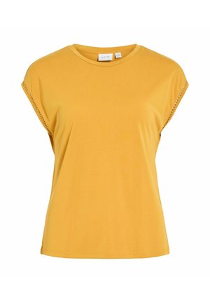 Blusa amarilla de manga corta con cuello redondo y un sutil detalle de encaje en las costuras de los hombros.