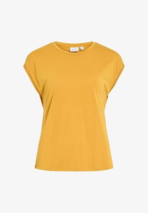 Żółta bluzka z krótkim rękawem, okrągłym dekoltem i subtelną koronkową lamówką na szwach barków.