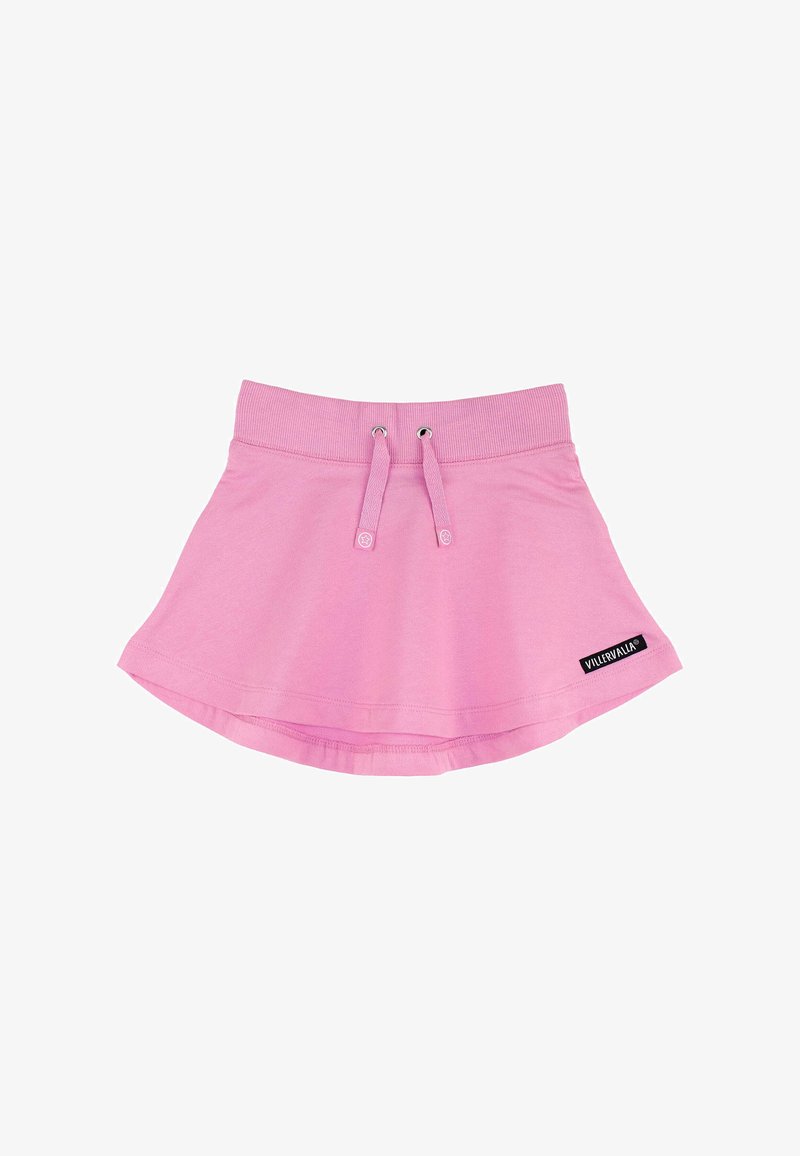 Różowa bawełniana mini spódniczka o rozkloszowanym kształcie, z elastycznym paskiem w talii i sznurkami na przodzie. Posiada małą metkę z logo na dolnym brzegu.