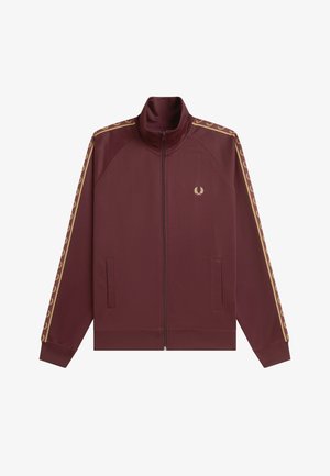 Giacca sportiva con zip color bordeaux con loghi di corone d'alloro dorate su spalle, maniche e petto, con polsini e orlo a coste.