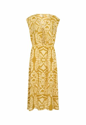 Žlté midi šaty bez rukávov s bielymi kvetinovými a geometrickými vzormi, stiahnuté v páse a s výstrihom do V so strapcovými šnúrami.