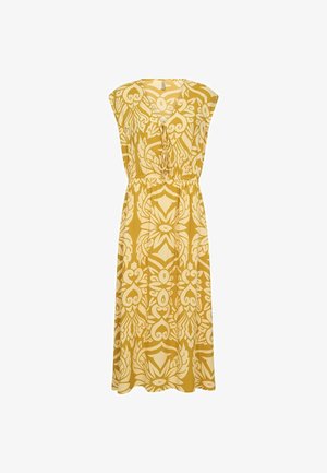 Žlté midi šaty bez rukávov s bielymi kvetinovými a geometrickými vzormi, stiahnuté v páse a s výstrihom do V so strapcovými šnúrami.
