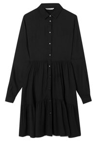 Black long-sleeve shirt dress with button-down front, tiered gathered skirt, and pointed collar, displayed on a white background.