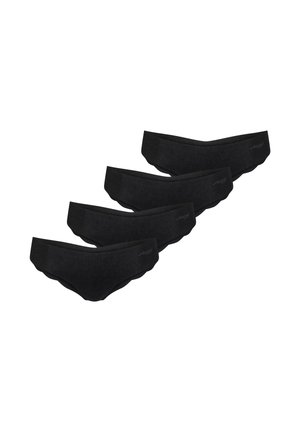 Quattro mutandine nere da donna in stile bikini con logo discreto sulla fascia, disposte in una pila sfalsata su sfondo bianco.