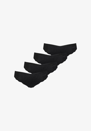 Vier zwarte damesbikini's met subtiele branding op de tailleband, gerangschikt in een verspringende stapel op een witte achtergrond.