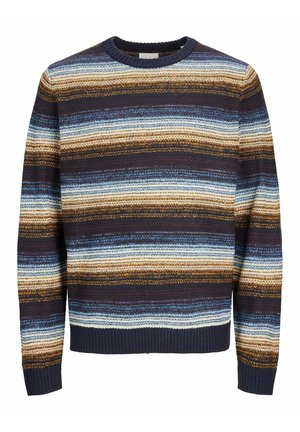 Herrestrikket sweater med lange ærmer med horisontale striber i nuancer af blå, brun, beige og hvid, med ribstrikket rund hals og manchetter.