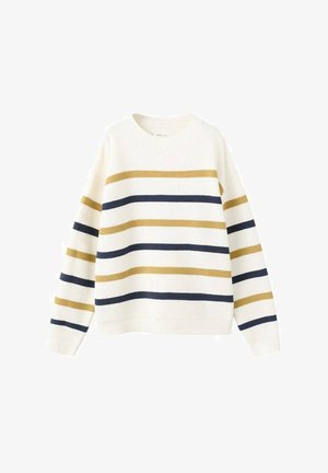 Pull rayé crème, avec des rayures horizontales en moutarde et marine. Texture côtelée avec un col rond et une coupe décontractée.