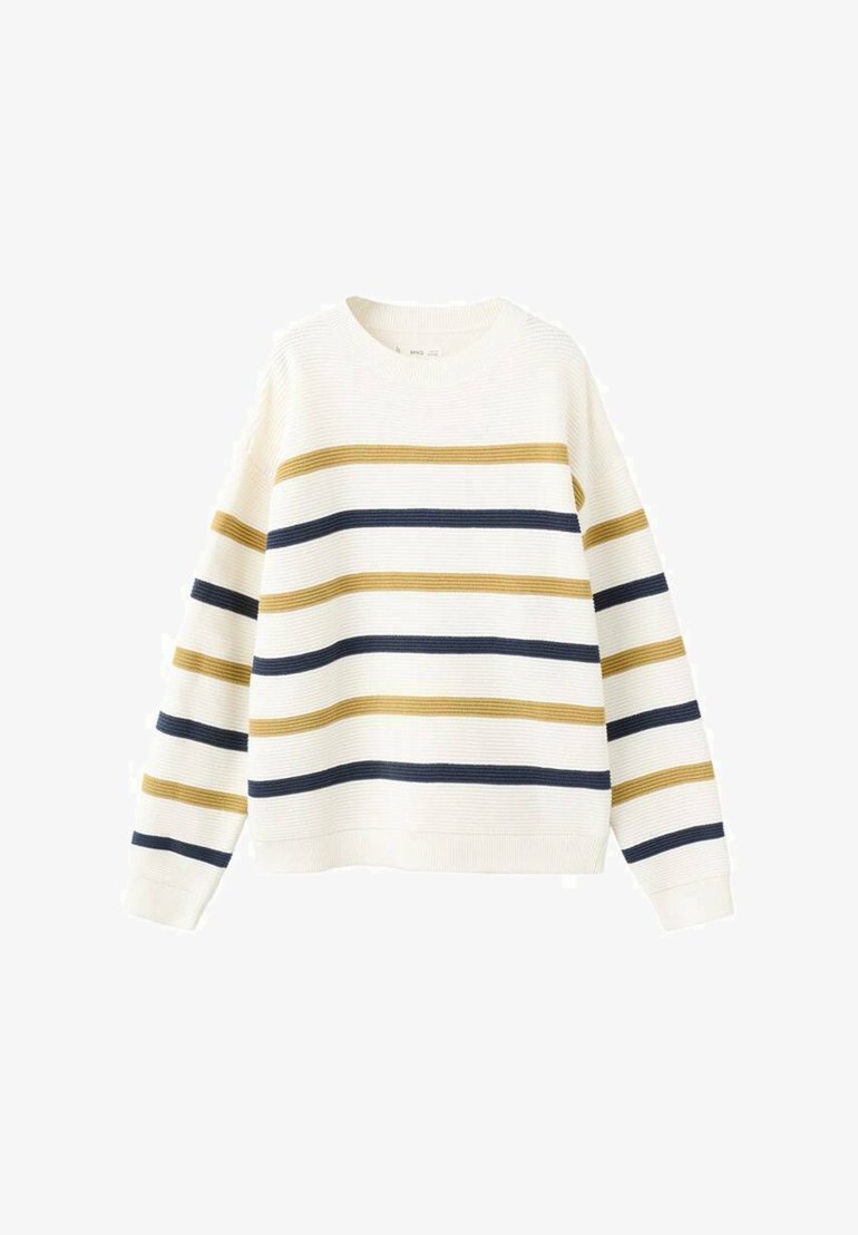 Gestreepte trui in roomkleur, met horizontale strepen in mosterdgeel en marineblauw. Geribbelde structuur met een ronde hals en een ontspannen pasvorm.