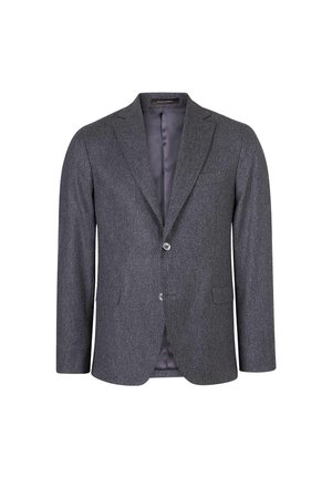 Mörkgrå blazer i texturerad tyg, med slagkrage, två framfickor och tvåknappsstängning. Fodrat innertyg synligt.
