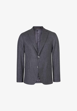 Ciemnoszary żakiet wykonany z fakturowanej tkaniny, z klapami w kształcie litery notched, dwoma przednimi kieszeniami i zapięciem na dwa guziki. Widoczna podszewka.