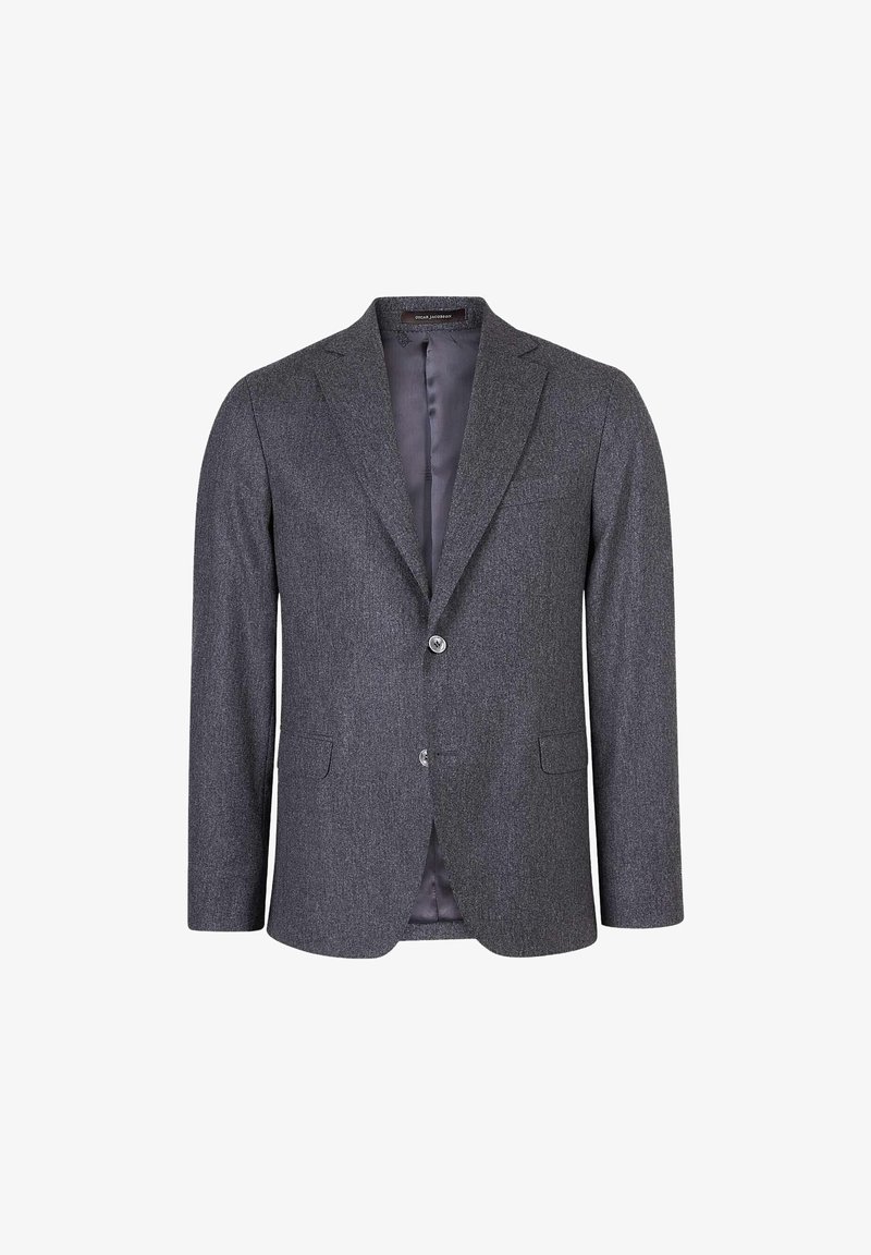 Ciemnoszary żakiet wykonany z fakturowanej tkaniny, z klapami w kształcie litery notched, dwoma przednimi kieszeniami i zapięciem na dwa guziki. Widoczna podszewka.
