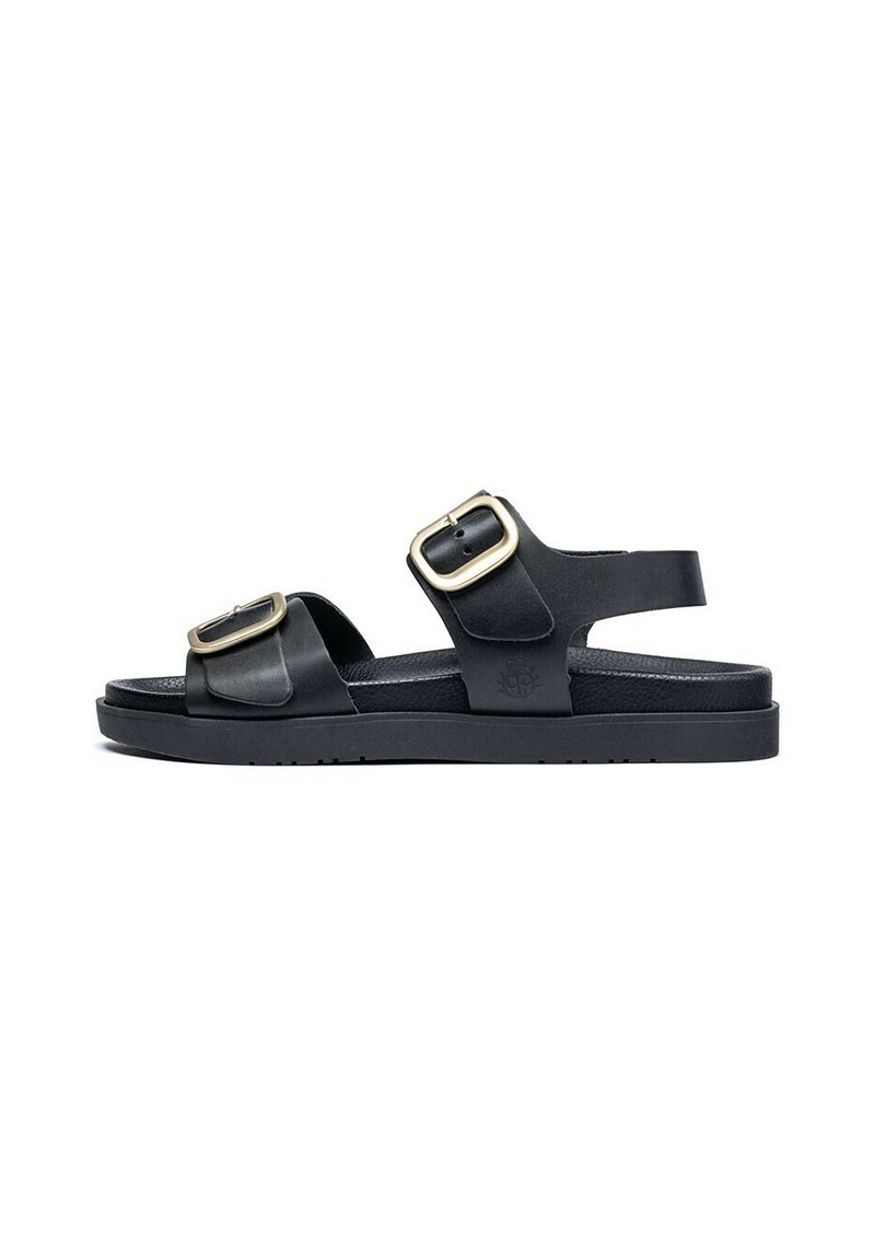 Sandalias negras de goma con dos hebillas ajustables. Presentan una suela plana y un diseño abierto, ideal para el clima cálido.