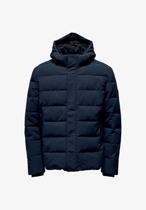 Granatowa kurtka puchowa z wysokim kołnierzem i kapturem. Pikowany wzór, boczne kieszenie i zamek błyskawiczny. Teksturowany, wodoodporny materiał.