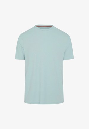 Gaiši zila īsām piedurknēm T-krekls, izgatavots no mīksta auduma, ar apaļu kakla izgriezumu un vienkāršu, bezšuvju dizainu. Nav rakstu vai akcentu.