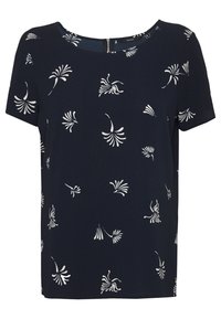 Haut à manches courtes bleu marine avec un col rond, présentant un motif floral blanc et une jolie fermeture éclair discrète au dos. Tissu doux avec une texture lisse.