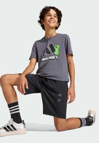 Dječak čuči na jednom koljenu, nosi sivi Minecraft majicu, crne kratke hlače, crne prugaste čarape i srebrne Adidas tenisice, smiješi se i gleda prema gore.