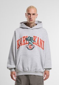 Gray hooded sweatshirt with a front kangaroo pocket, featuring red text "KARL KANI" and a teal bird graphic. Made of soft, textured fabric.