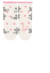 Weiße Baumwollsocken mit grauen Mäusen und rosa Herzen. Gerippter rosa Bund. Marken- und Größenangabe in Rosa auf der Sohle bedruckt.