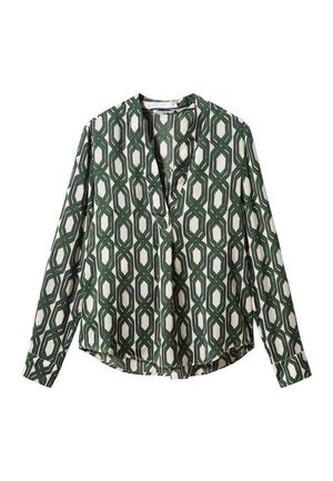 Blouse à manches longues avec motif géométrique de maillons de chaîne verts sur fond blanc, comprenant un col en V et des poignets boutonnés.