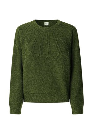 Suéter verde de punto con un cuello redondo, patrón texturizado y mangas largas. Tejido suave y grueso con puños y dobladillo acanalados.
