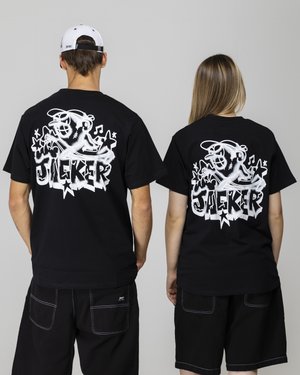 Black t-shirts with a large white graffiti-style design on the back featuring a character and the text "JLEKER," displayed on two models.