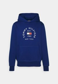 Sudadera de color azul marino hecha de una mezcla de algodón, con un bolsillo frontal, capucha con cordón y un logo blanco con diseño de bandera. Puños y dobladillo acanalados.
