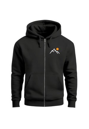 Schwarze Zip-Hoodie mit einer Vordertasche, ausgestattet mit einem weißen Bergdesign und einem orangefarbenen Sonnenlogo auf der linken Brust. Weicher Stoff.