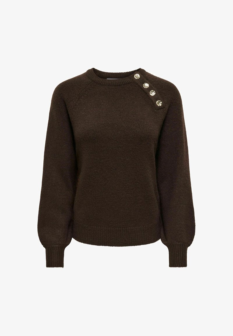 Pull en maille marron foncé à manches longues, poignets côtelés et quatre boutons décoratifs le long de l'épaule gauche près de l'encolure.